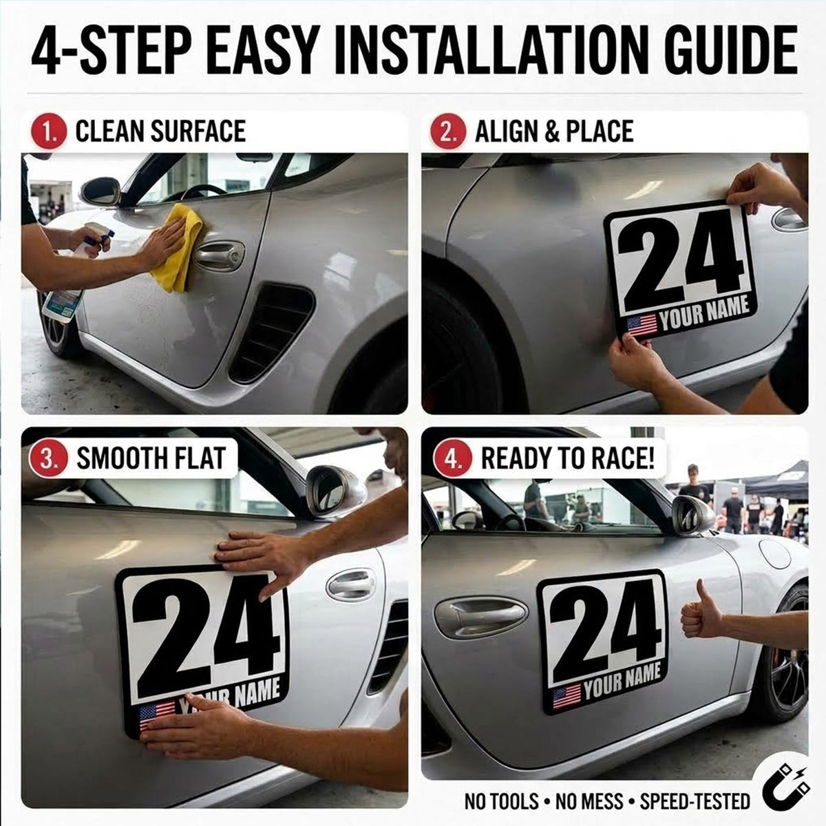 Classic Black & White Custom Racing Number Magnets - Track Day Door Plates with Name & Flag (Set of 2) (RCNUM001)