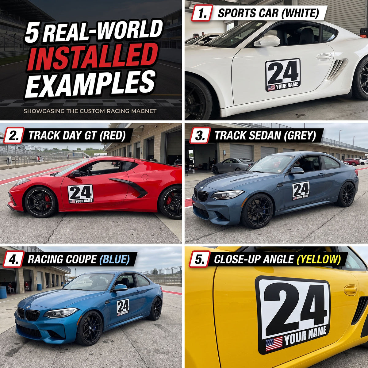 Custom Racing Number Magnets (Set of 2) – Reusable Track Day Magnetic Door Plates with Name & Flag (RCNUM001)