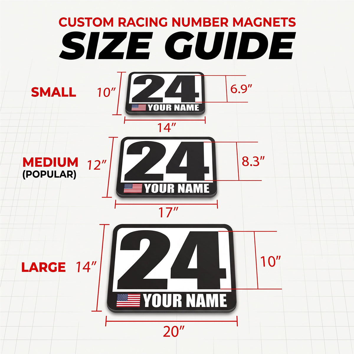 Custom Racing Number Magnets (Set of 2) – Reusable Track Day Magnetic Door Plates with Name & Flag (RCNUM001)