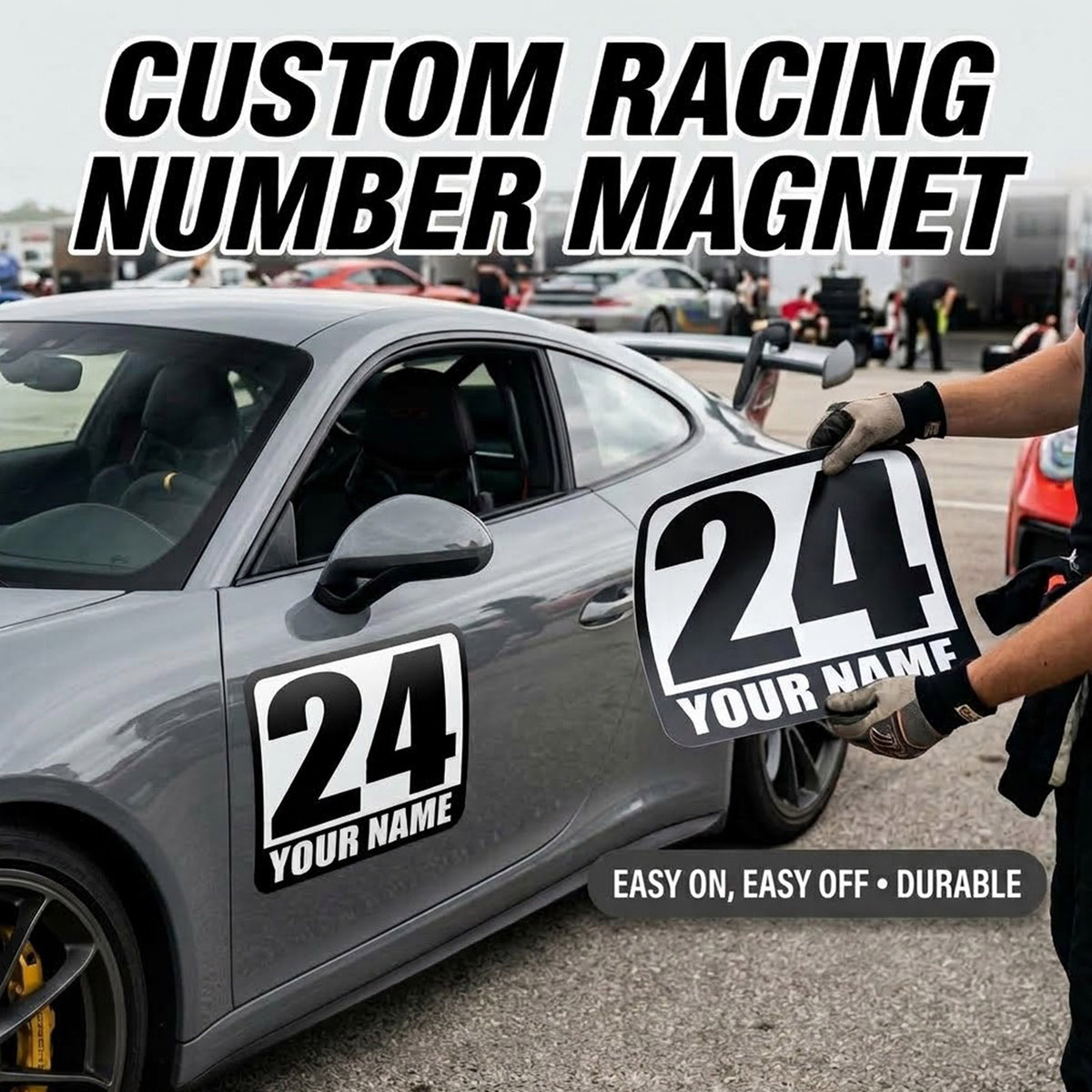 Custom Racing Number Magnets (Set of 2) – Reusable Track Day Magnetic Door Plates with Driver Name (RCNUM002)