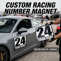 Classic Black & White Custom Racing Number Magnets - Track Day Magnetic Door Plates with Driver Name (Set of 2) (RCNUM002)