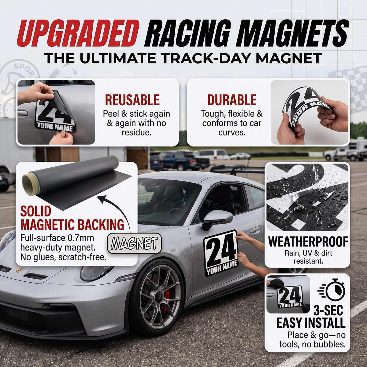Custom Racing Number Magnets (Set of 2) – Reusable Track Day Magnetic Door Plates with Driver Name (RCNUM002)
