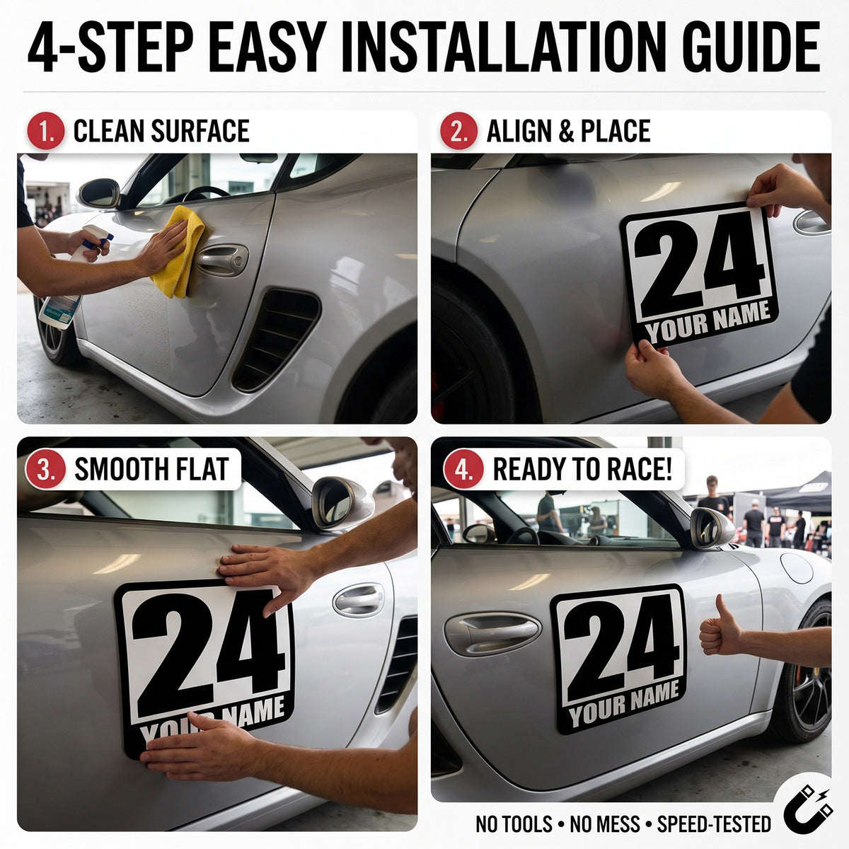 Custom Racing Number Magnets (Set of 2) – Reusable Track Day Magnetic Door Plates with Driver Name (RCNUM002)