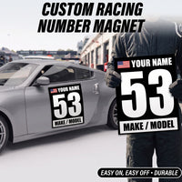 Custom Racing Number Magnets 12" x 15" (Set of 2) – Reusable Track Day Magnetic Door Plates with Name, Flag & Car Model (RCNUM003)