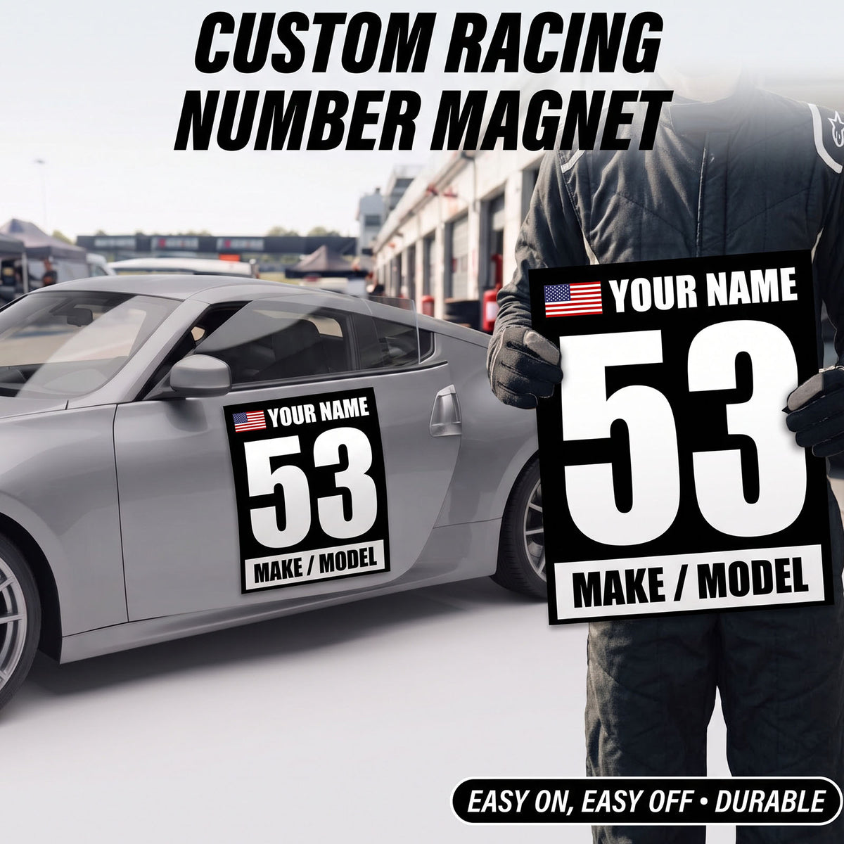 Custom Racing Number Magnets 12" x 15" (Set of 2) – Reusable Track Day Magnetic Door Plates with Name, Flag & Car Model (RCNUM003)