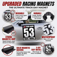 Custom Racing Number Magnets 12" x 15" (Set of 2) – Reusable Track Day Magnetic Door Plates with Name, Flag & Car Model (RCNUM003)