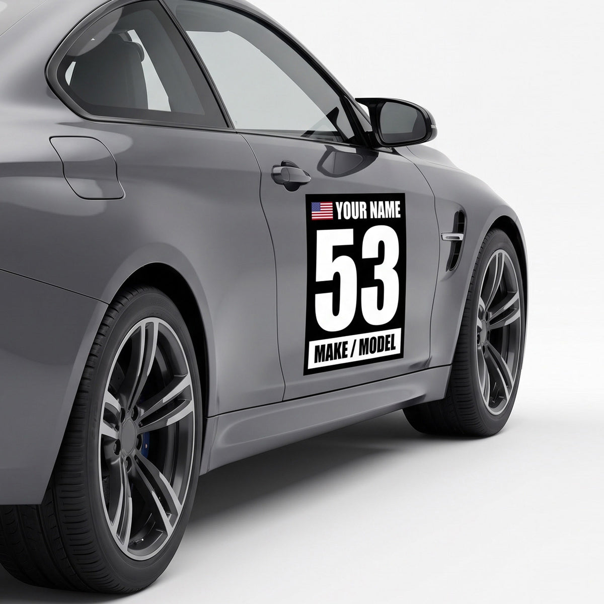 Custom Racing Number Magnets 12" x 15" (Set of 2) – Reusable Track Day Magnetic Door Plates with Name, Flag & Car Model (RCNUM003)