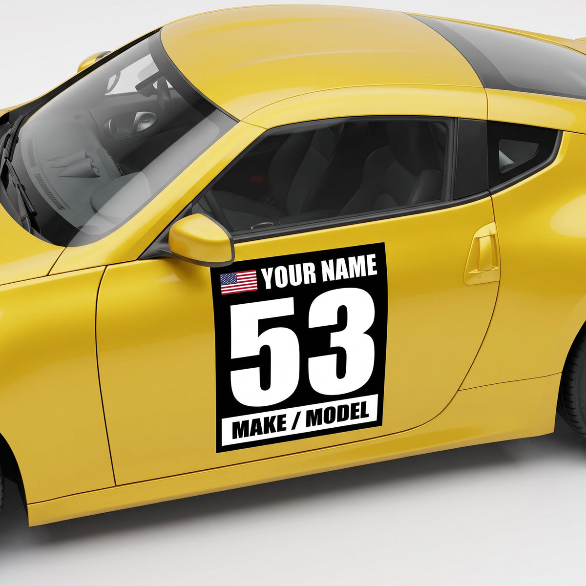 Classic Black & White Custom Racing Number Magnets 12" x 15" - Reusable Track Day Magnetic Door Plates with Name, Flag & Car Model (Set of 2) (RCNUM003)