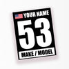 Personalize Custom Race Car Sticker Decals - Racing Number, Name, Flag, Make & Model