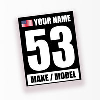 Personalize Custom Race Car Sticker Decals - Racing Number, Name, Flag, Make & Model