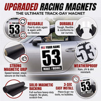 Classic Black & White Custom Racing Number Magnets 12" x 15" - Reusable Track Day Magnetic Door Plates with Name, Flag & Car Model (Set of 2) (RCNUM003)