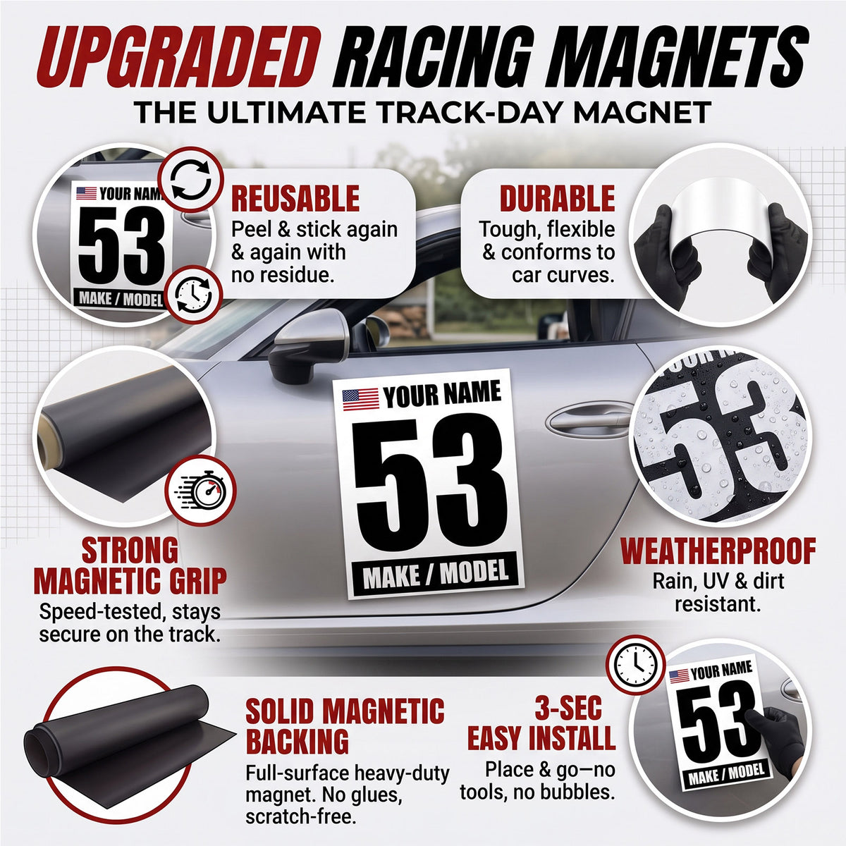 Classic Black & White Custom Racing Number Magnets 12" x 15" - Reusable Track Day Magnetic Door Plates with Name, Flag & Car Model (Set of 2) (RCNUM003)