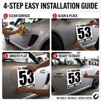 Classic Black & White Custom Racing Number Magnets 12" x 15" - Reusable Track Day Magnetic Door Plates with Name, Flag & Car Model (Set of 2) (RCNUM003)