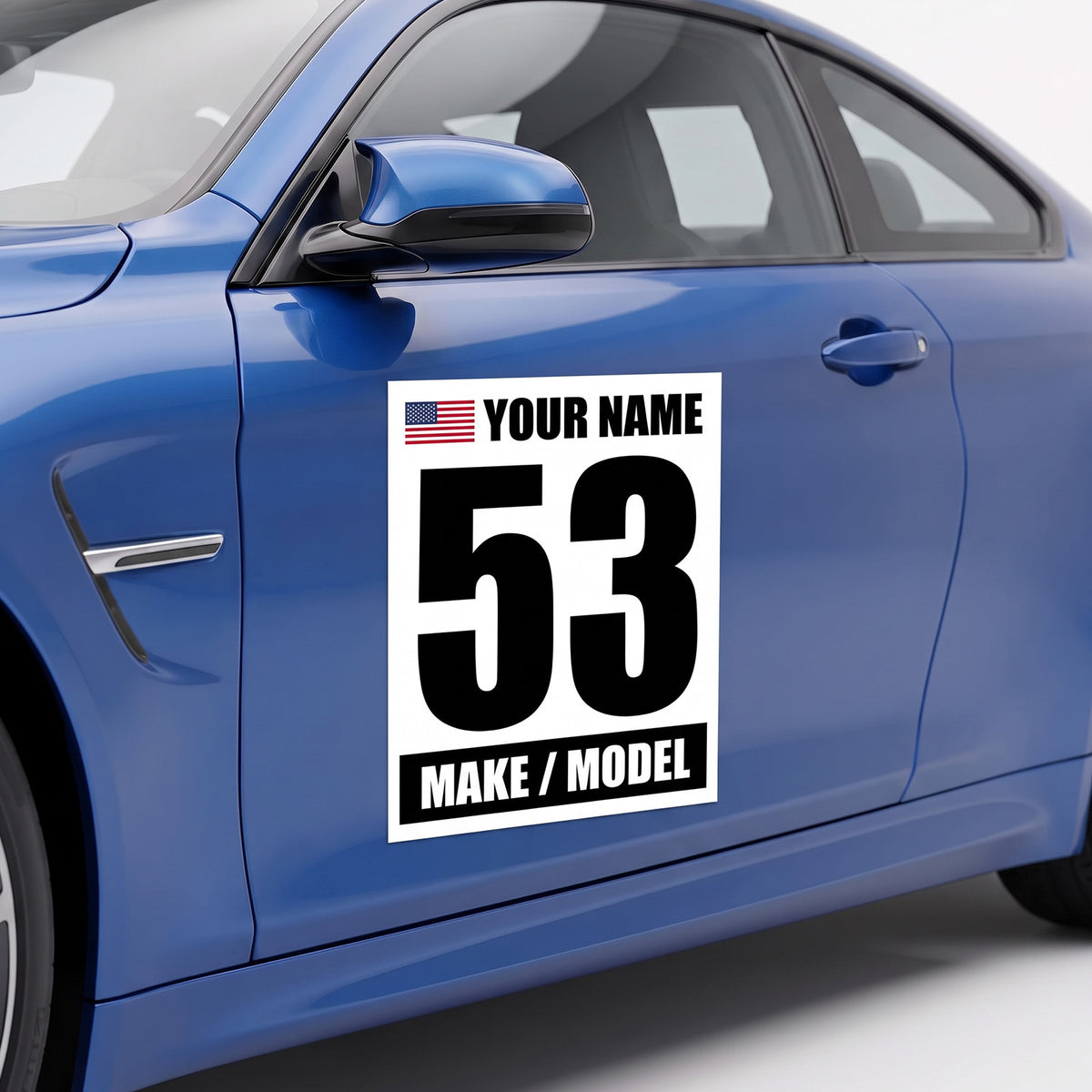 Classic Black & White Custom Racing Number Magnets 12" x 15" - Reusable Track Day Magnetic Door Plates with Name, Flag & Car Model (Set of 2) (RCNUM003)