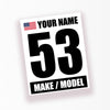 Personalize Custom Race Car Sticker Decals - Racing Number, Name, Flag, Make & Model