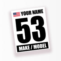 Personalize Custom Race Car Sticker Decals - Racing Number, Name, Flag, Make & Model
