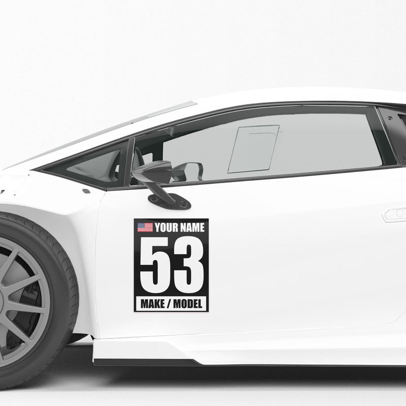 Personalize Custom Race Car Sticker Decals - Racing Number, Name, Flag, Make & Model