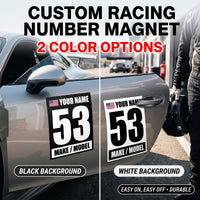 Classic Black & White Custom Racing Number Magnets 12" x 15" - Reusable Track Day Magnetic Door Plates with Name, Flag & Car Model (Set of 2) (RCNUM003)