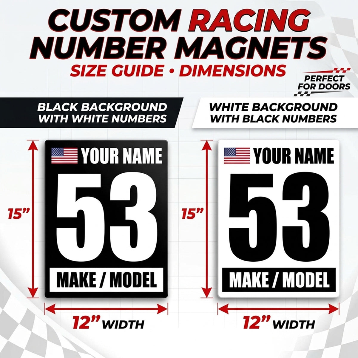 Custom Racing Number Magnets 12" x 15" (Set of 2) – Reusable Track Day Magnetic Door Plates with Name, Flag & Car Model (RCNUM003)