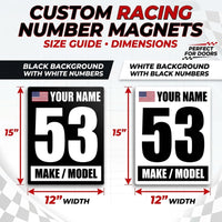 Classic Black & White Custom Racing Number Magnets 12" x 15" - Reusable Track Day Magnetic Door Plates with Name, Flag & Car Model (Set of 2) (RCNUM003)