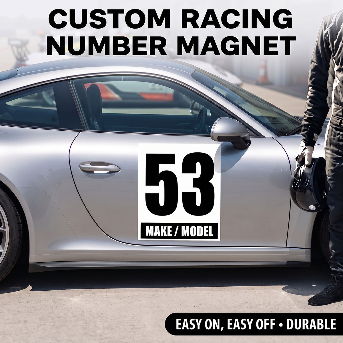 Classic Black & White Custom Racing Number Magnets 12" x 15" - Reusable Track Day Magnetic Door Plates with Car Make & Model (Set of 2) (RCNUM004)