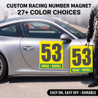 Custom Racing Number Magnets 12" x 15" (Set of 2) – Reusable Track Day Magnetic Door Plates with Car Make & Model (RCNUM004)