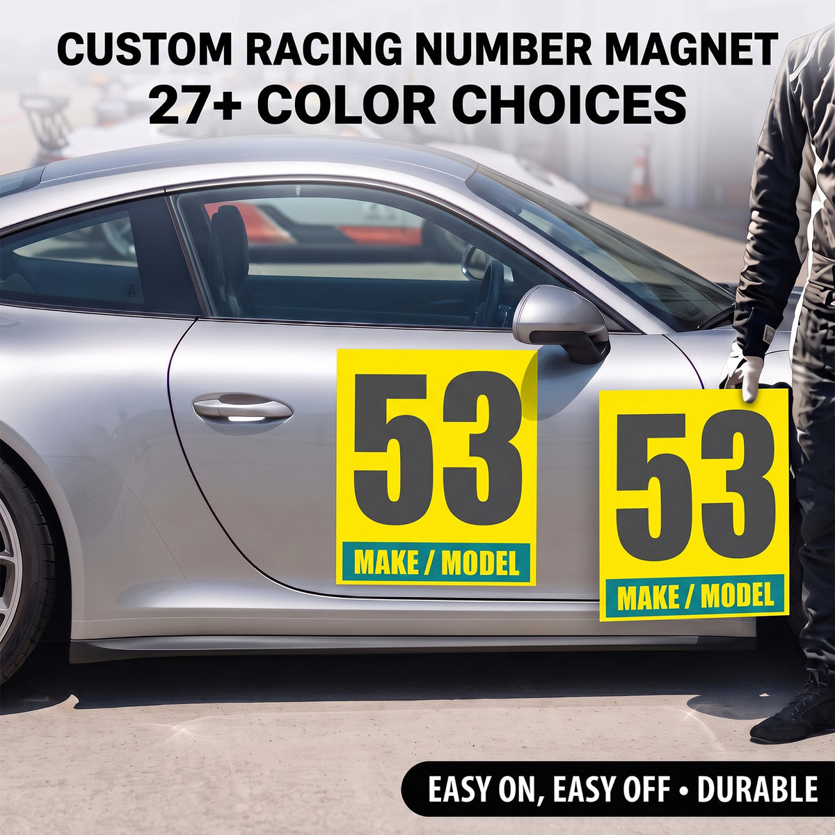 Custom Racing Number Magnets 12" x 15" (Set of 2) – Reusable Track Day Magnetic Door Plates with Car Make & Model (RCNUM004)