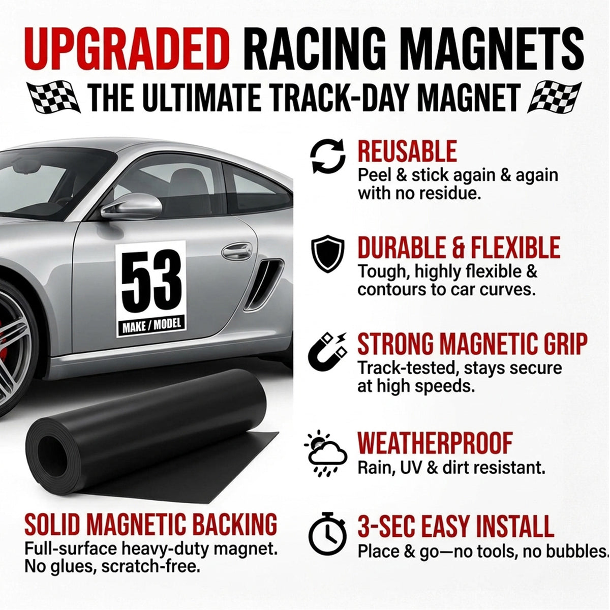 Custom Racing Number Magnets 12" x 15" (Set of 2) – Reusable Track Day Magnetic Door Plates with Car Make & Model (RCNUM004)