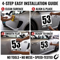 Custom Racing Number Magnets 12" x 15" (Set of 2) – Reusable Track Day Magnetic Door Plates with Car Make & Model (RCNUM004)