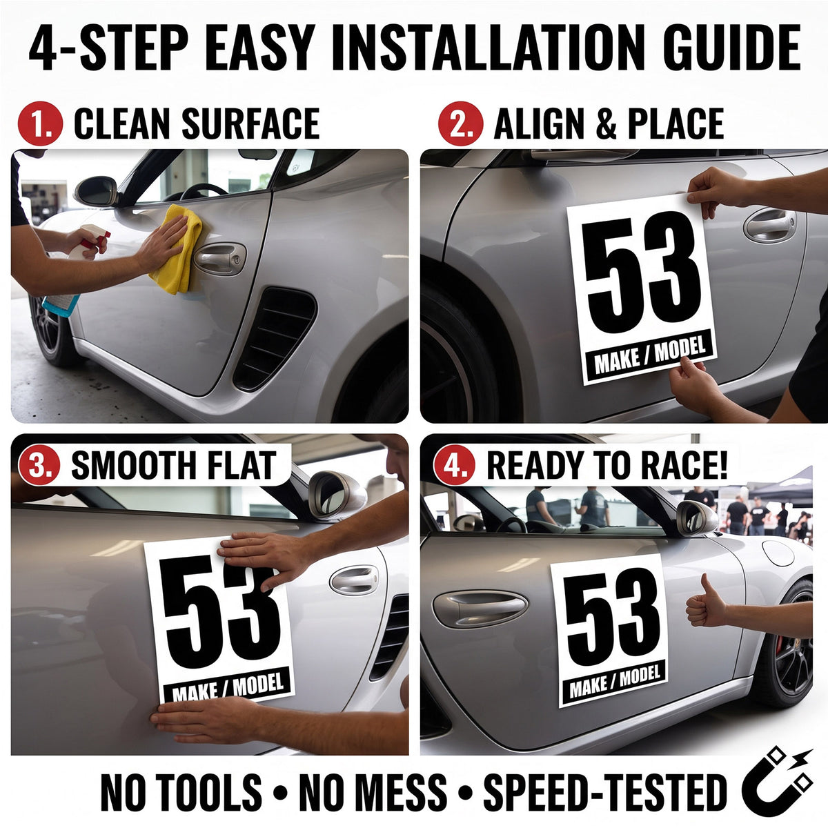 Classic Black & White Custom Racing Number Magnets 12" x 15" - Reusable Track Day Magnetic Door Plates with Car Make & Model (Set of 2) (RCNUM004)