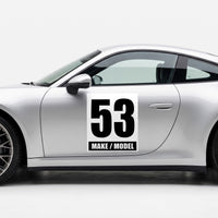 Classic Black & White Custom Racing Number Magnets 12" x 15" - Reusable Track Day Magnetic Door Plates with Car Make & Model (Set of 2) (RCNUM004)