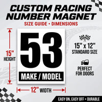 Custom Racing Number Magnets 12" x 15" (Set of 2) – Reusable Track Day Magnetic Door Plates with Car Make & Model (RCNUM004)