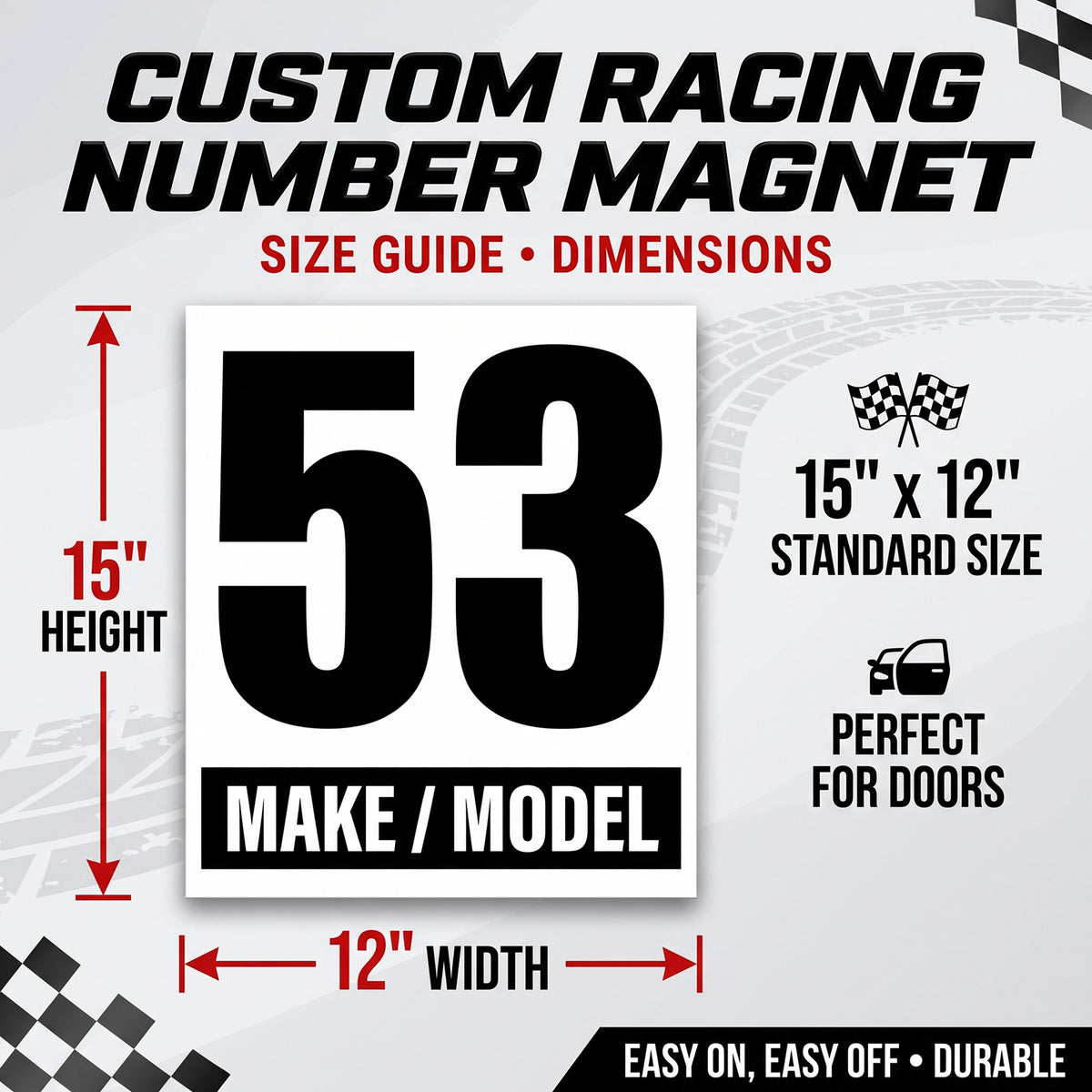Custom Racing Number Magnets 12" x 15" (Set of 2) – Reusable Track Day Magnetic Door Plates with Car Make & Model (RCNUM004)