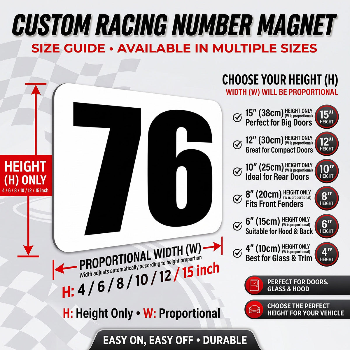 Classic Black & White Custom Racing Number Magnets (4" to 15" Height) - Reusable Track Day Magnetic Door Plates (Set of 2) (RCNUM005)