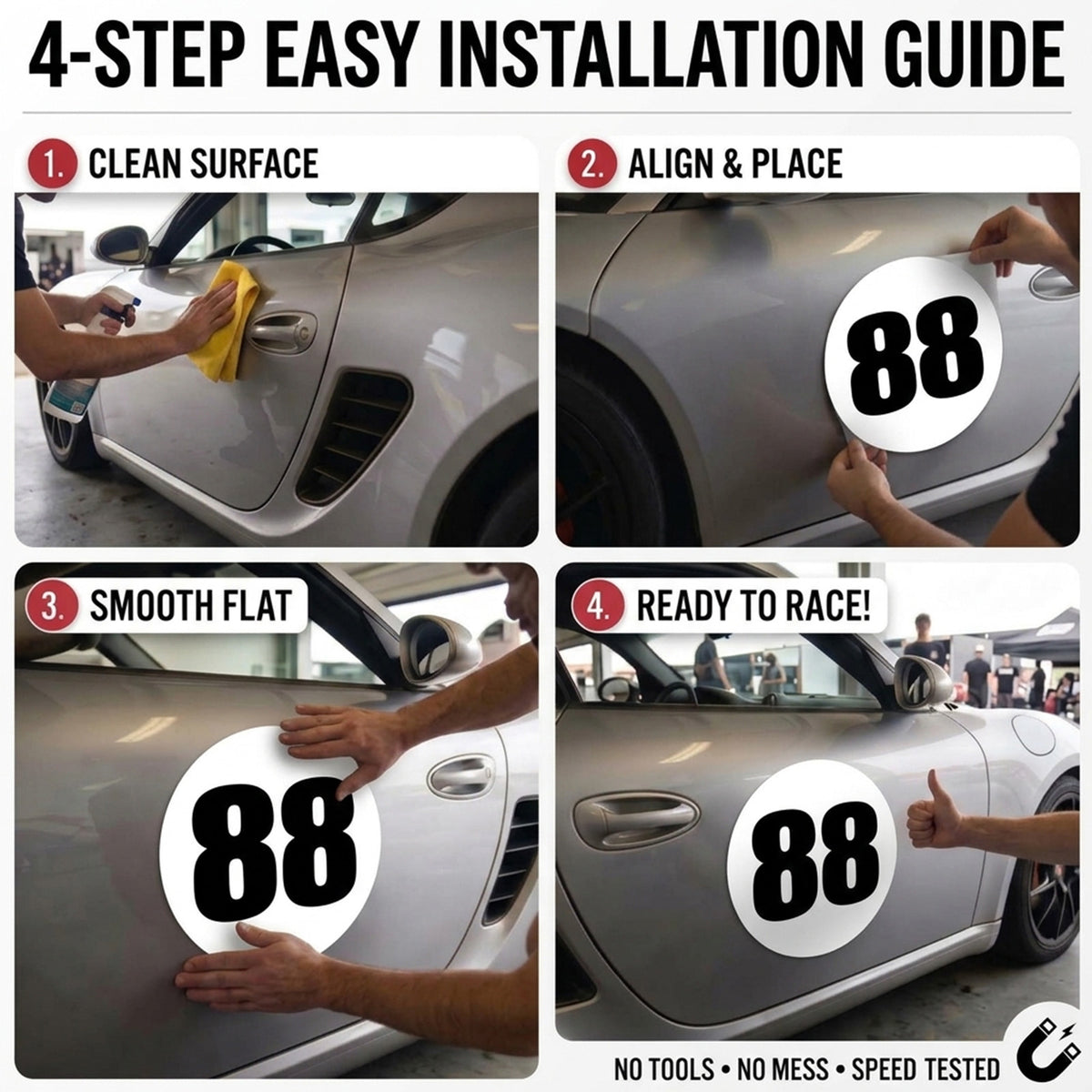 Classic Black & White Custom Circle Racing Number Magnets (No Outline) - Reusable Roundel Track Day Door Plates (Set of 2) (RCNUM006)
