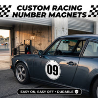 Custom Circle Racing Number Magnets with Thin Black Outline (Set of 2) – Reusable Roundel Track Day Magnetic Door Plates (RCNUM006T)