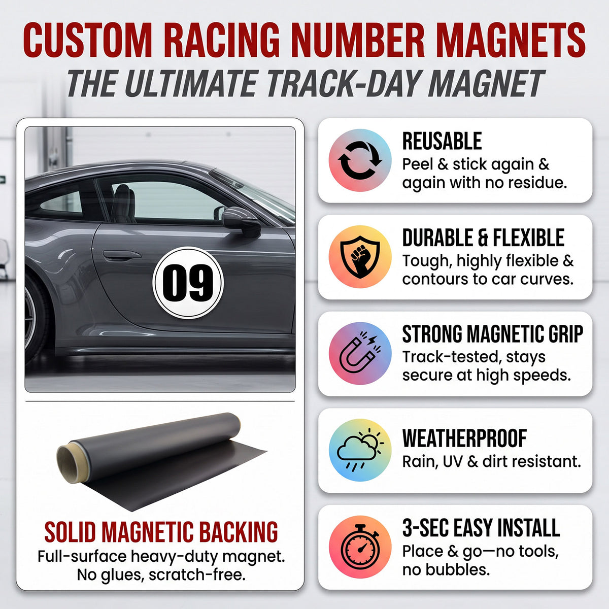 Custom Circle Racing Number Magnets with Thin Black Outline (Set of 2) – Reusable Roundel Track Day Magnetic Door Plates (RCNUM006T)