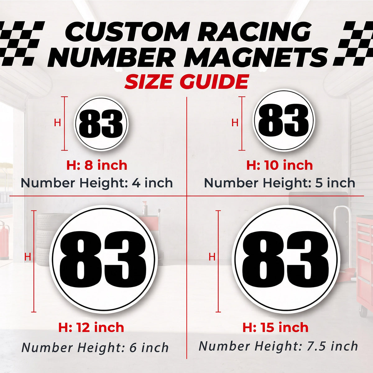 Classic Black & White Custom Circle Racing Number Magnets with Thin Black Outline - Reusable Roundel Track Day Magnetic Door Plates (Set of 2) (RCNUM006T)