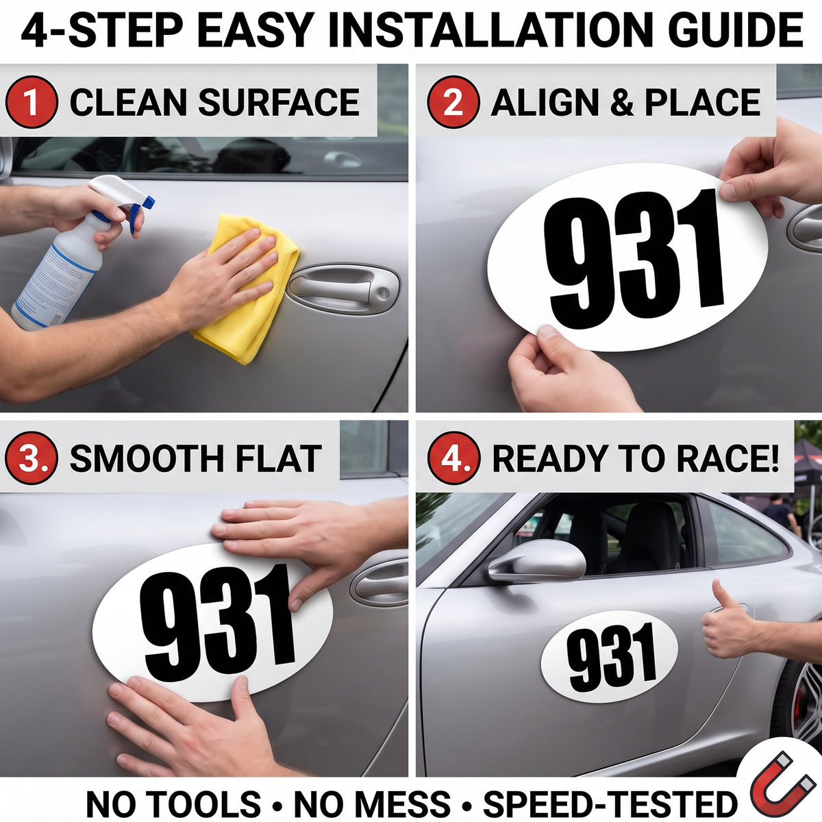 Classic Black & White Custom Oval Racing Number Magnets (No Outline) - Reusable Track Day Magnetic Door Plates 6" to 14" Height (Set of 2) (RCNUM008)
