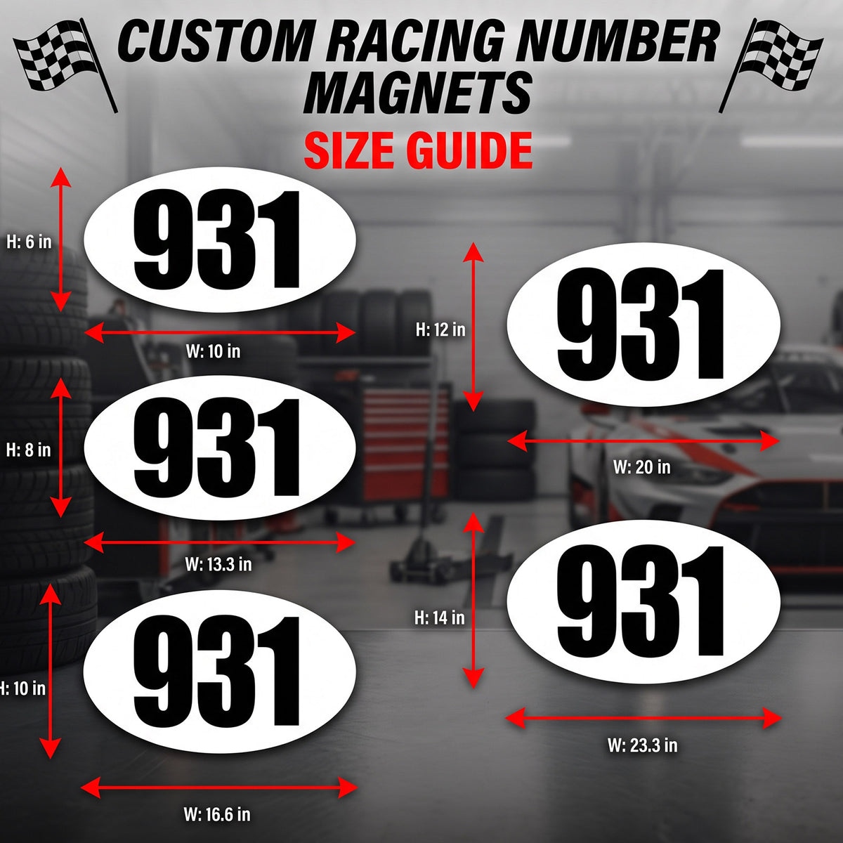 Custom Oval Racing Number Magnets - No Outline (Set of 2) – Reusable Track Day Oval Magnetic Door Plates (6" to 14" Height) (RCNUM008)