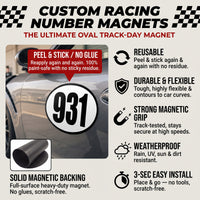Custom Oval Racing Number Magnets with Black Outline (Set of 2) – Reusable Track Day Oval Magnetic Door Plates (6" to 14" Height) (RCNUM008B)