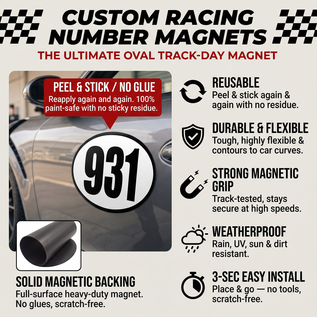 Classic Black & White Custom Oval Racing Number Magnets with Black Outline - Reusable Track Day Magnetic Door Plates 6" to 14" Height (Set of 2) (RCNUM008B)