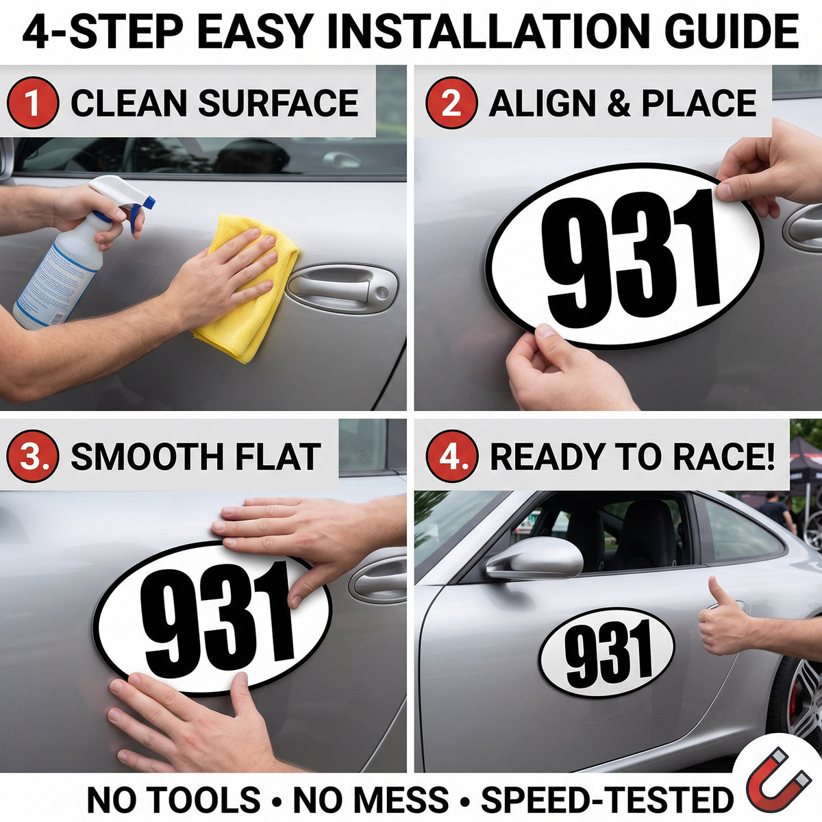 Classic Black & White Custom Oval Racing Number Magnets with Black Outline - Reusable Track Day Magnetic Door Plates 6" to 14" Height (Set of 2) (RCNUM008B)