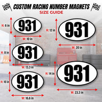 Custom Oval Racing Number Magnets with Black Outline (Set of 2) – Reusable Track Day Oval Magnetic Door Plates (6" to 14" Height) (RCNUM008B)
