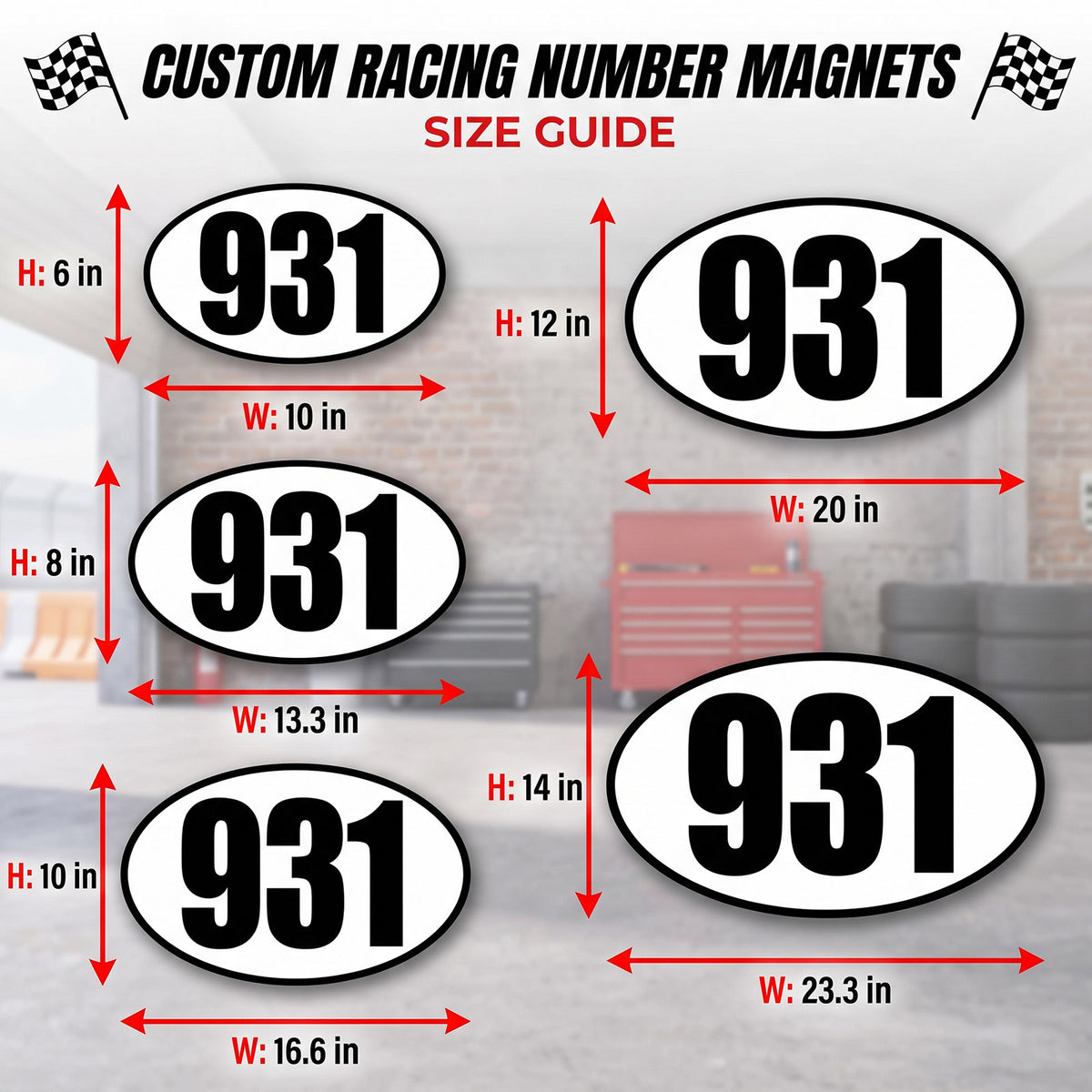 Classic Black & White Custom Oval Racing Number Magnets with Black Outline - Reusable Track Day Magnetic Door Plates 6" to 14" Height (Set of 2) (RCNUM008B)