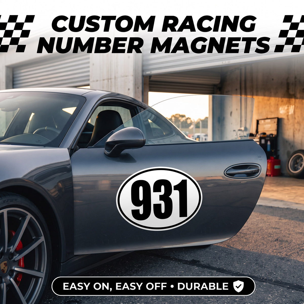 Classic Black & White Custom Oval Racing Number Magnets with Thin Black Outline - Reusable Track Day Magnetic Door Plates 6" to 14" Height (Set of 2) (RCNUM008T)