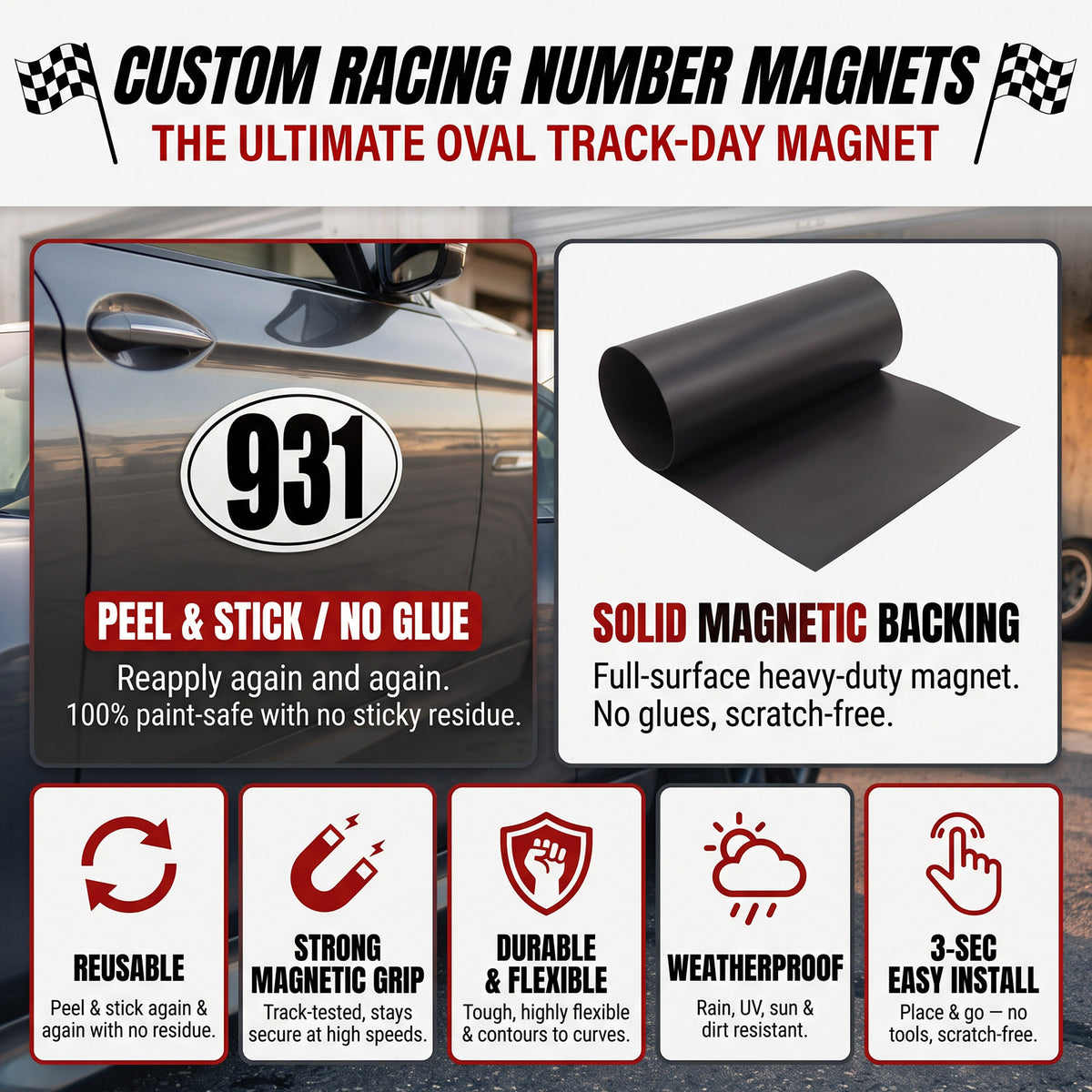 Custom Oval Racing Number Magnets with Thin Black Outline (Set of 2) – Reusable Track Day Oval Magnetic Door Plates (6" to 14" Height) (RCNUM008T)