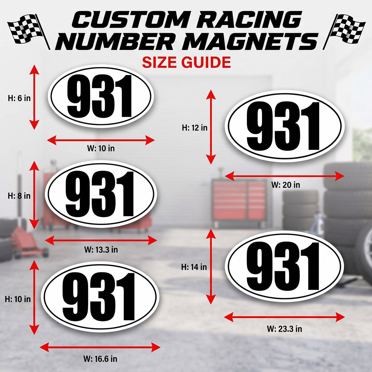 Custom Oval Racing Number Magnets with Thin Black Outline (Set of 2) – Reusable Track Day Oval Magnetic Door Plates (6" to 14" Height) (RCNUM008T)