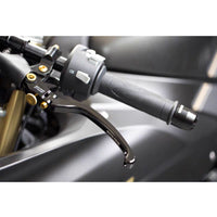 Moto-Tron lightweight racing folding clutch lever installed on Kawasaki ZX12R motorcycle, showing sleek black metal design.
