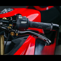 Moto-Tron lightweight racing clutch lever installed on Kawasaki ZX10R, ZX9R, and Z1000 motorcycle for enhanced control and performance.
